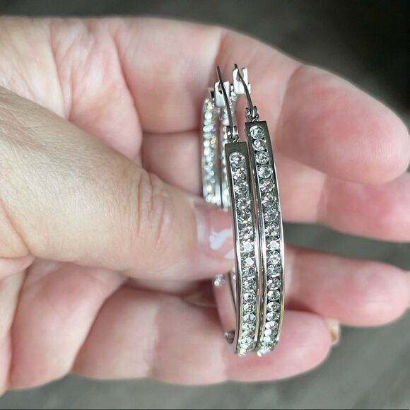 NEW Silver Crystal Large Hoop Earrings - Picture 7 of 10